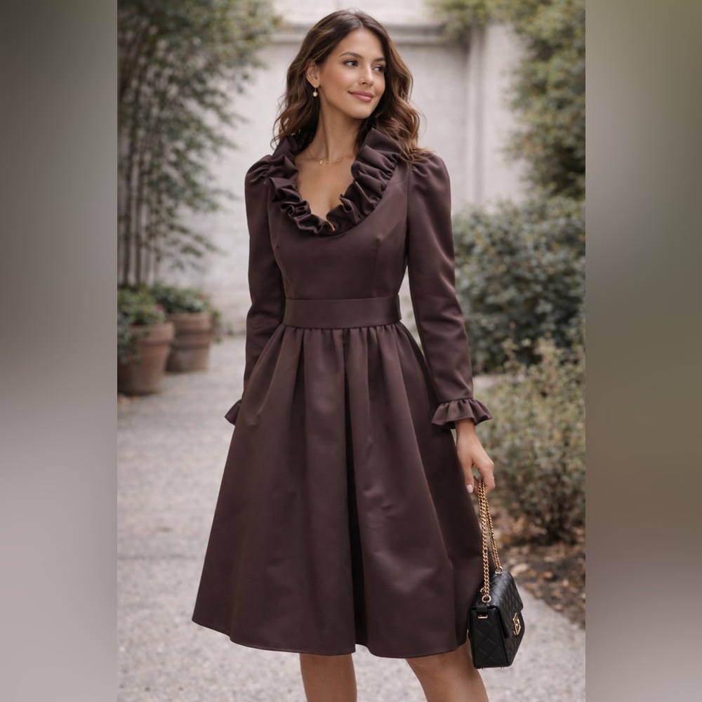 Jill Richard vintage 60's Satins Ruffle-Neck Long Sleeve Brown Midi Dress